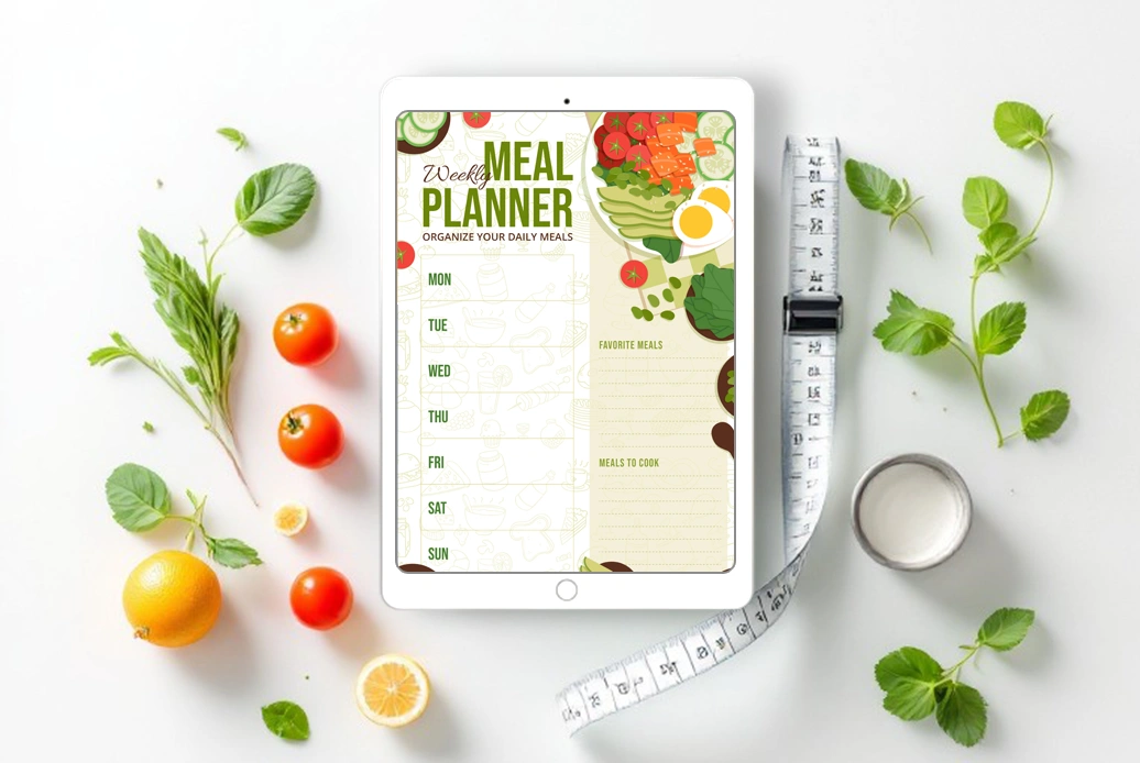 Meal planner sheet in ipad with fresh green vegetables for diabetes-friendly and healthy meal planning