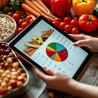 Digital chart on tablet surrounded by green veggies for healthy eating and blood sugar control
