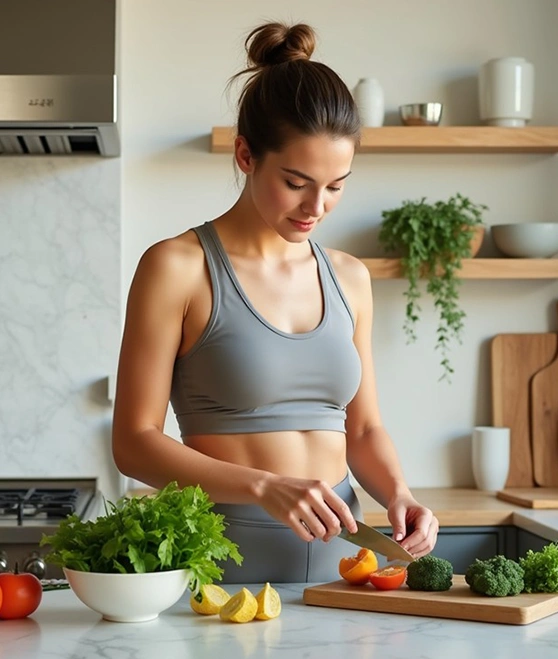 Girl chopping fresh vegetables on a cutting board for healthy meal preparation and balanced diet